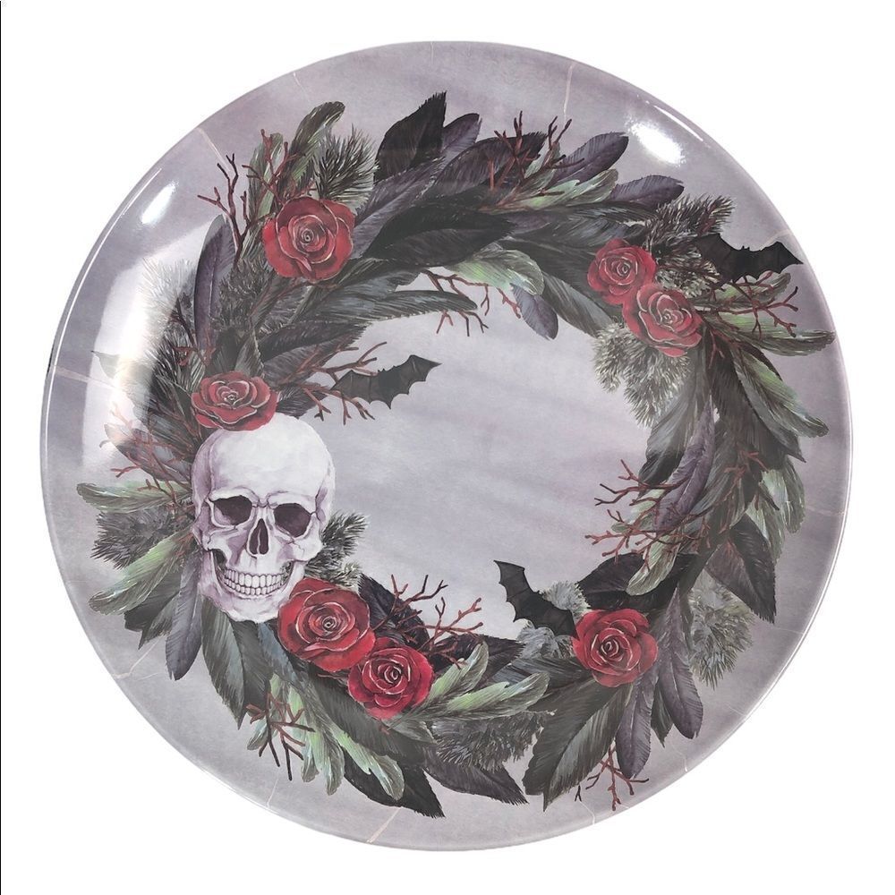 Spooky Skull and roses wreath 15” melamine plate